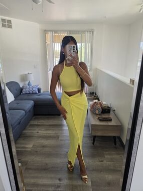 Yellow Knot-Front Maxi Skirt Set - Sleeveless Crop Top & High-Slit Skirt